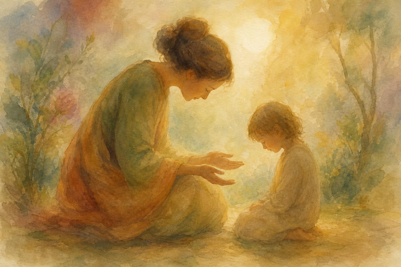 Watercolour Waldorf painting — a reverent scene honouring the sacred spirit within every child, rendered in soft luminous washes